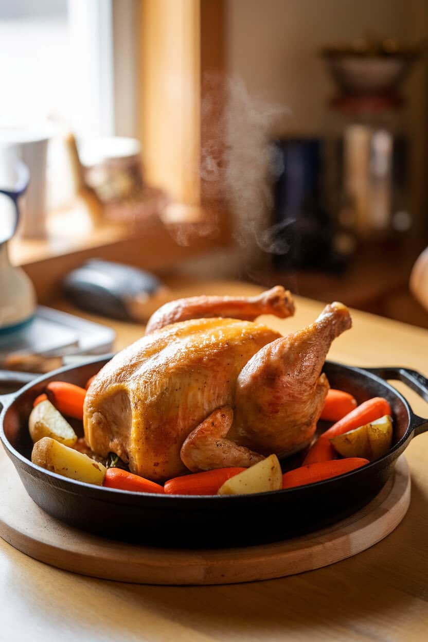 A warmly lit indoor dining table showing a whole golden-brown roast chicken in a cast-iron skillet, surrounded by roasted carrot and potato wedges; steam rising slightly; no text or logos anywhere; photo