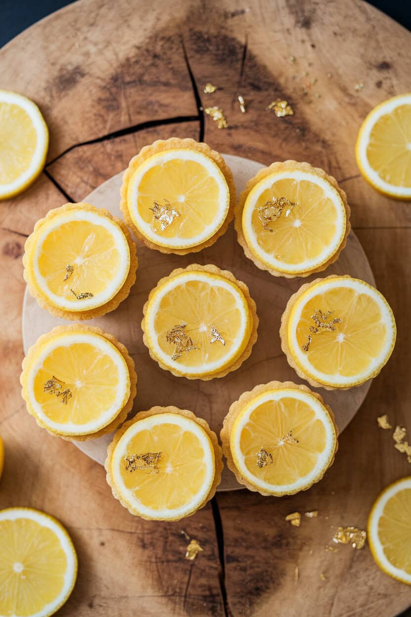 Photo prompt: Indoor pastry board with small citrus tartlets topped with thin lemon slices and gold leaf flakes, overhead angle, no text or logos.