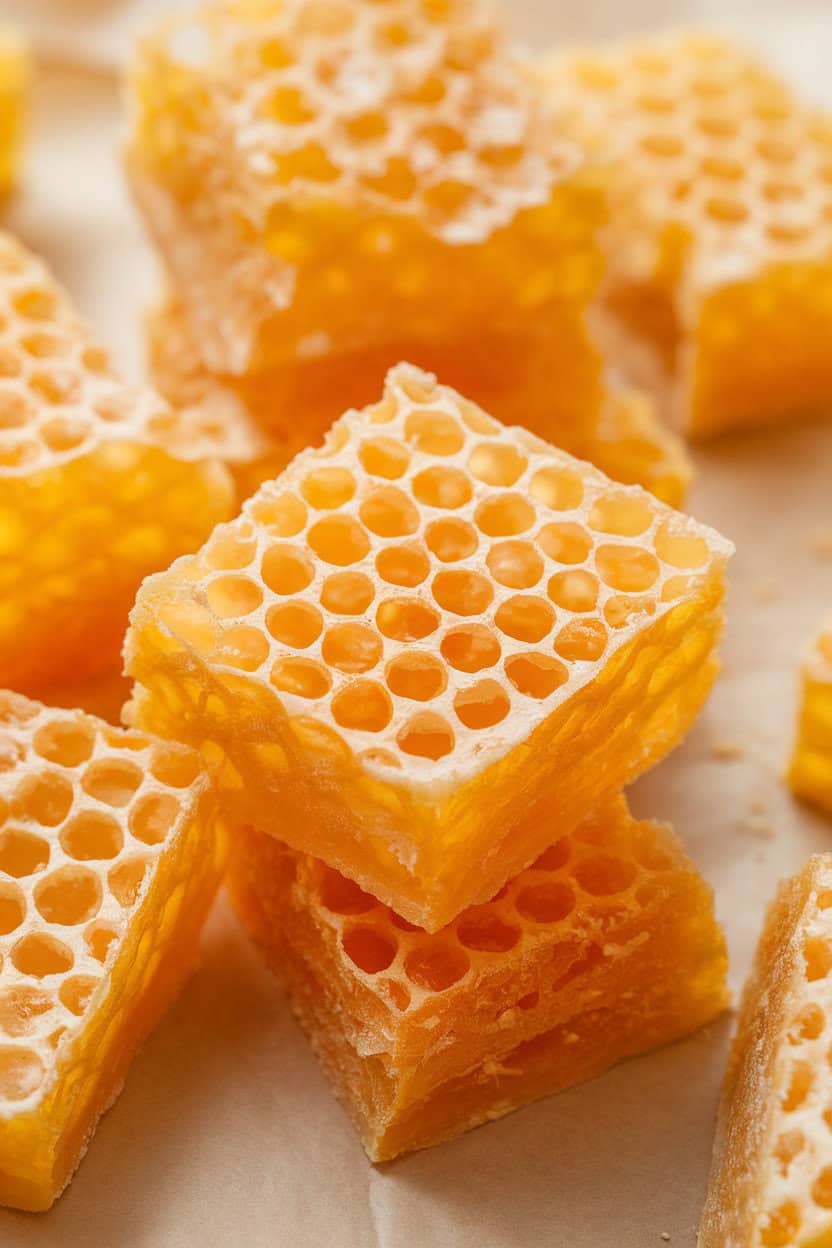 A close indoor shot of airy honeycomb toffee pieces on parchment, their golden interior bubbles clearly visible. No text or logos. Photo, not illustration.