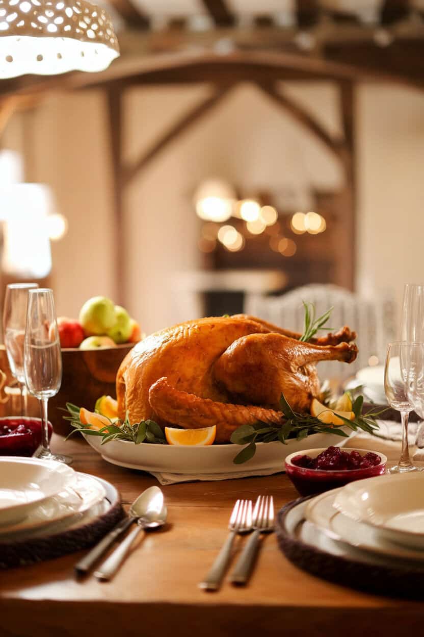 A warmly lit indoor dining table featuring a golden roast turkey on a white platter, garnished with fresh herbs and lemon wedges, photographed from a slight overhead angle. No text or logos. Photo, not illustration.