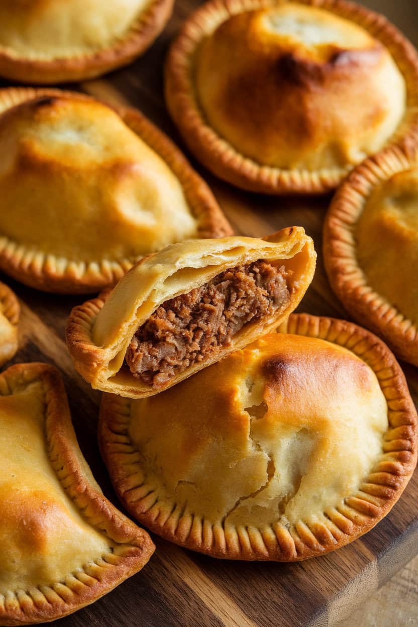Indoor photo of golden baked empanadas arranged on a wooden board, one cut open to show spiced beef filling. No text or logos visible.