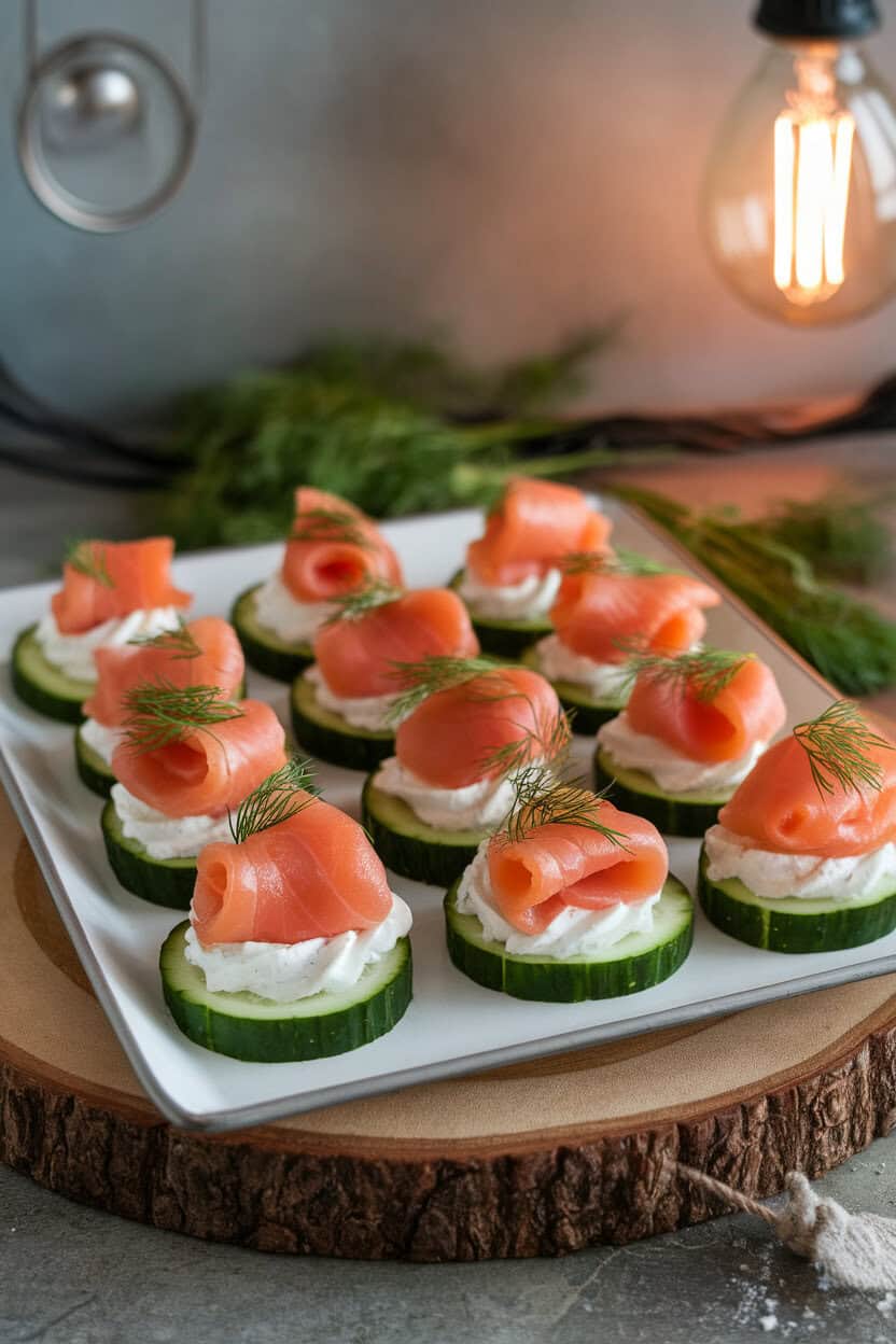 Indoor appetizer tray with cucumber rounds topped with whipped cream cheese, folded smoked salmon, and dill sprigs. No text or logos.