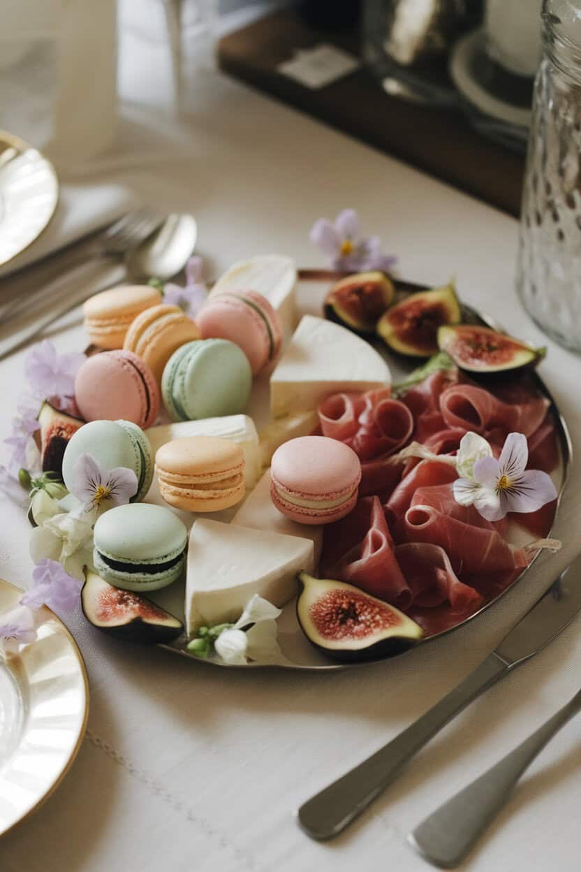 Softly lit indoor table with pastel macarons, brie wedges, prosciutto ribbons, fresh figs, and edible flowers on a tray, no brand names in sight.