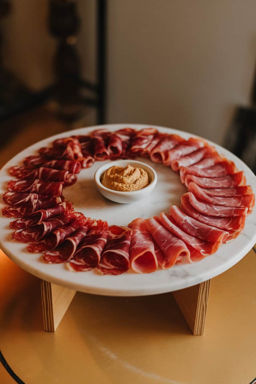 Indoor shot of a marble board with rows of prosciutto, soppressata, coppa, and bresaola, a small bowl of whole-grain mustard in center, warm overhead light, no logos.