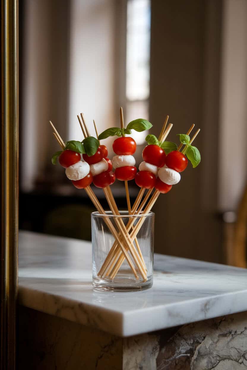 Photo of bamboo cocktail sticks standing in a low glass, each threaded with cherry tomato, basil leaf, and bocconcini mozzarella, indoors on a marble counter; soft window light, no logos