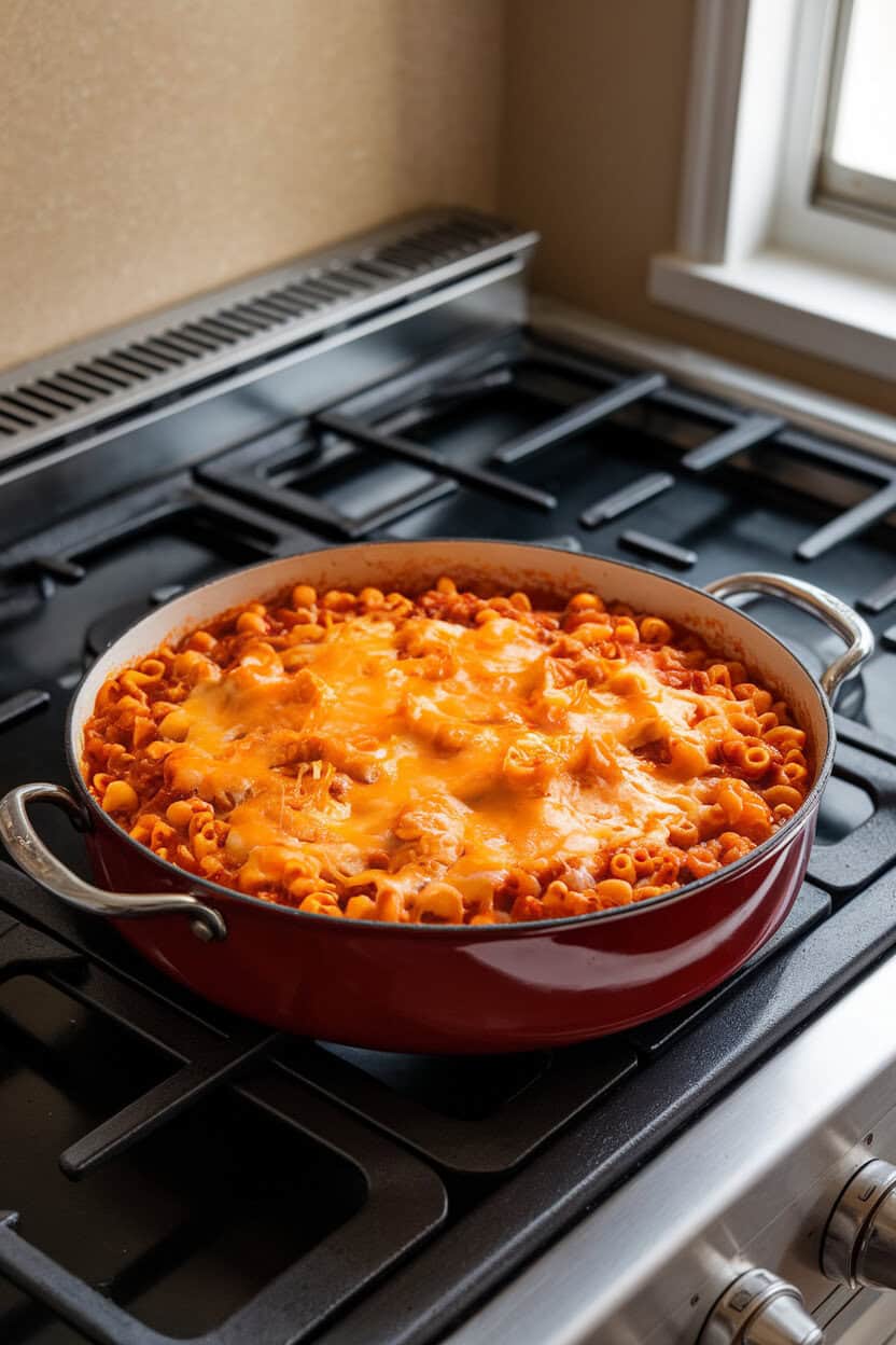 Indoor stovetop scene with a deep pan of chili mac casserole—elbow macaroni in hearty chili, cheddar melted on top. Photo only, no text or logos.