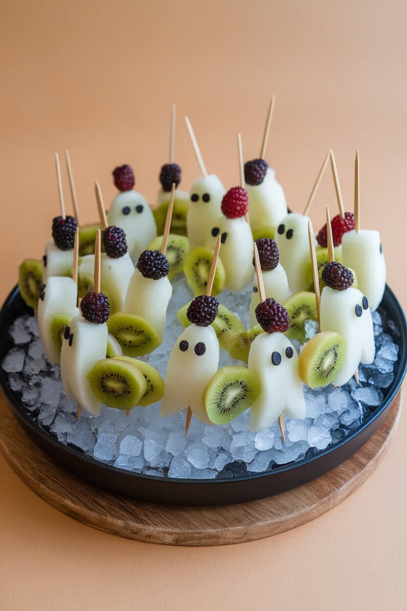 An indoor platter of skewers holding melon ghost shapes, blackberry “eyes,” and kiwi moons, arranged on a bed of crushed ice. No logos or text.
