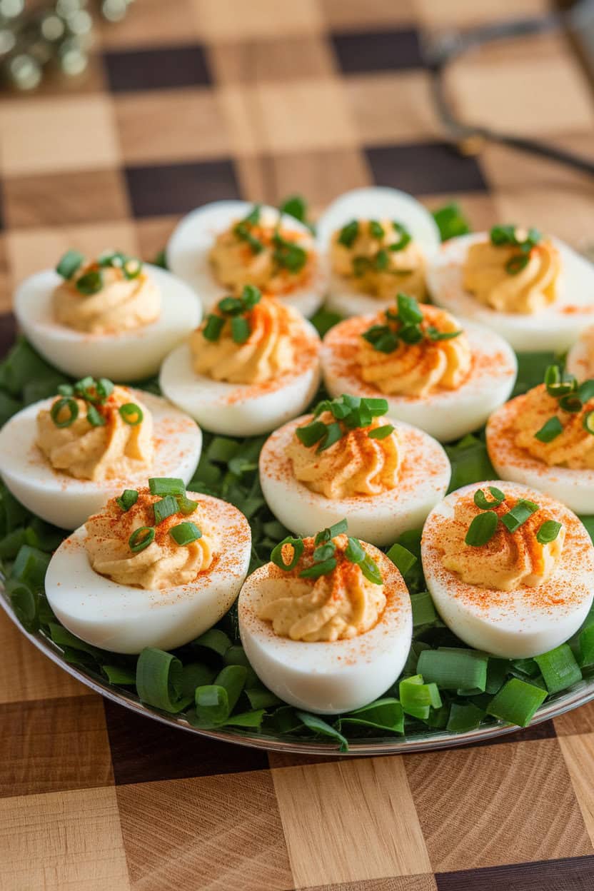 A festive indoor platter holding halved deviled eggs topped with fresh chopped chives and a dusting of paprika; photo, no text or logos.
