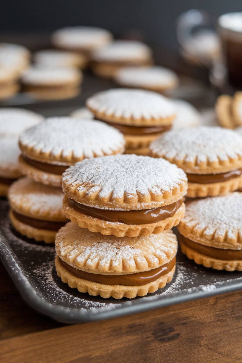An indoor bakery tray displaying sandwich alfajores dusted with powdered sugar, rich dulce de leche oozing slightly at the edges. No text or logos. Photo, not illustration.