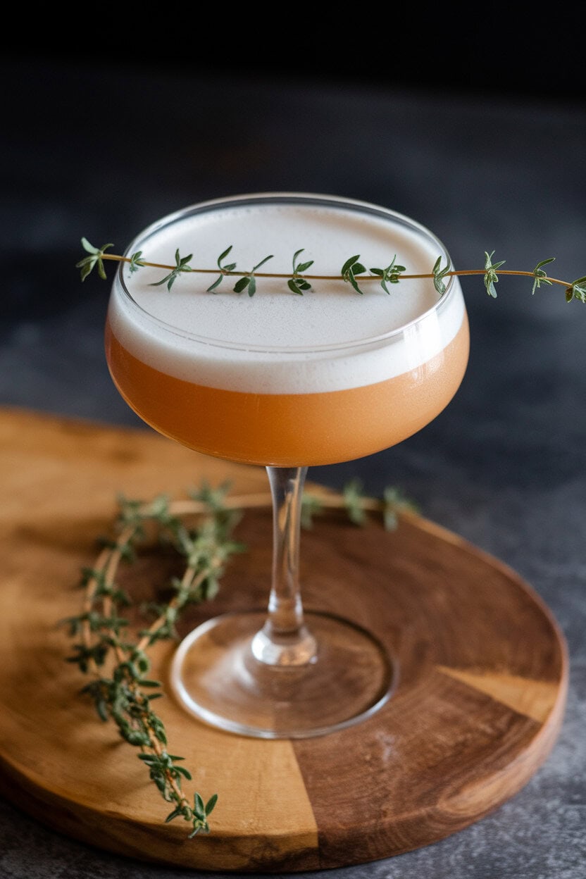 Photo of a coupe glass indoors, dusty-rose fig gin sour with frothy egg-white head, sprig of thyme laid gracefully on top. No text or logos.