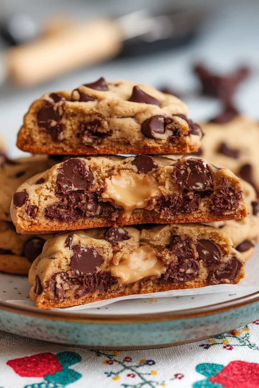Indoor photo showing thick chocolate chip cookies split open to reveal gooey cookie-butter center, plate sits on festive cloth. No text or logos.