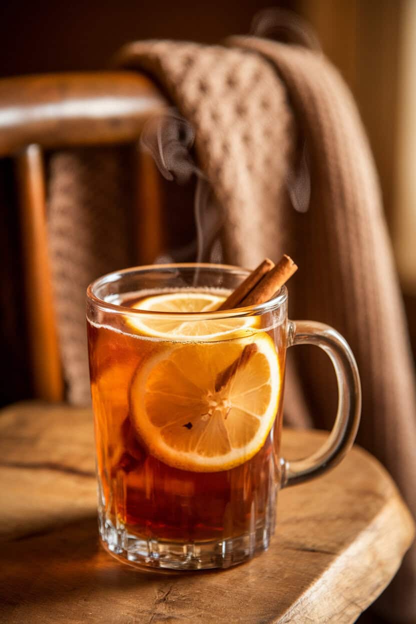 Photo of a glass mug indoors, steaming amber drink with floating lemon wheel and cinnamon stick, knit scarf draped nearby. No text or logos.