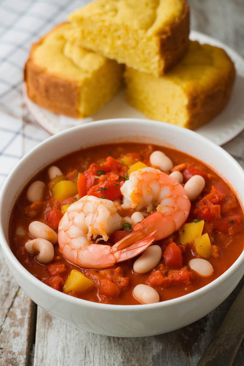 Indoor photo of a bowl of tomato-based chili featuring pink cooked shrimp, white beans, and diced bell peppers; no raw seafood; no text or logos