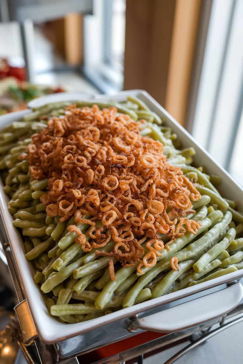 A bubbling casserole dish of creamy green beans topped with crispy fried onions, sitting on an indoor buffet table. No text or labels anywhere.