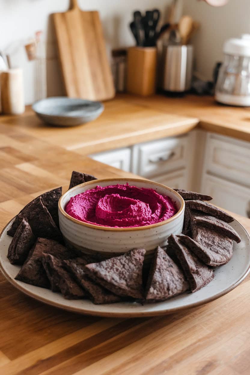 A ceramic bowl of vivid magenta beet hummus on a kitchen island, surrounded by baked charcoal-tinted pita triangles. Indoor lighting, no text or logos. Photo only.