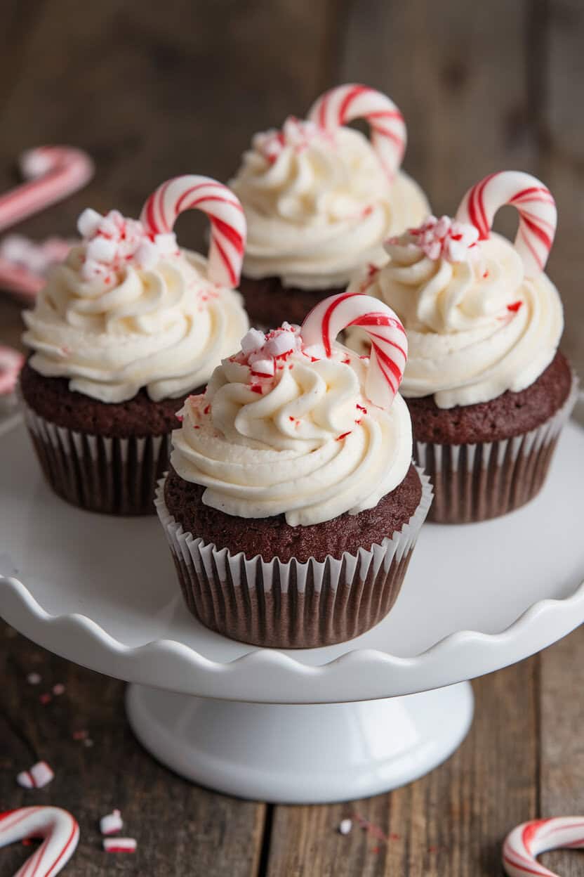 Three chocolate cupcakes topped with swirls of white peppermint buttercream and crushed candy cane bits, set on an indoor cake stand. No text or logos. Photo, not illustration.