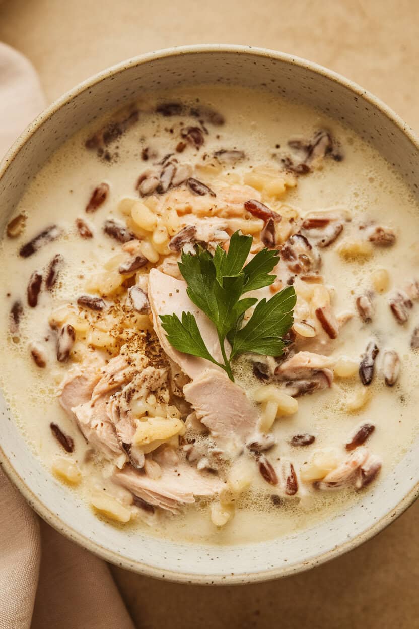 Indoor image of creamy turkey and wild rice soup in a neutral bowl, parsley sprinkled over top. No text or logos