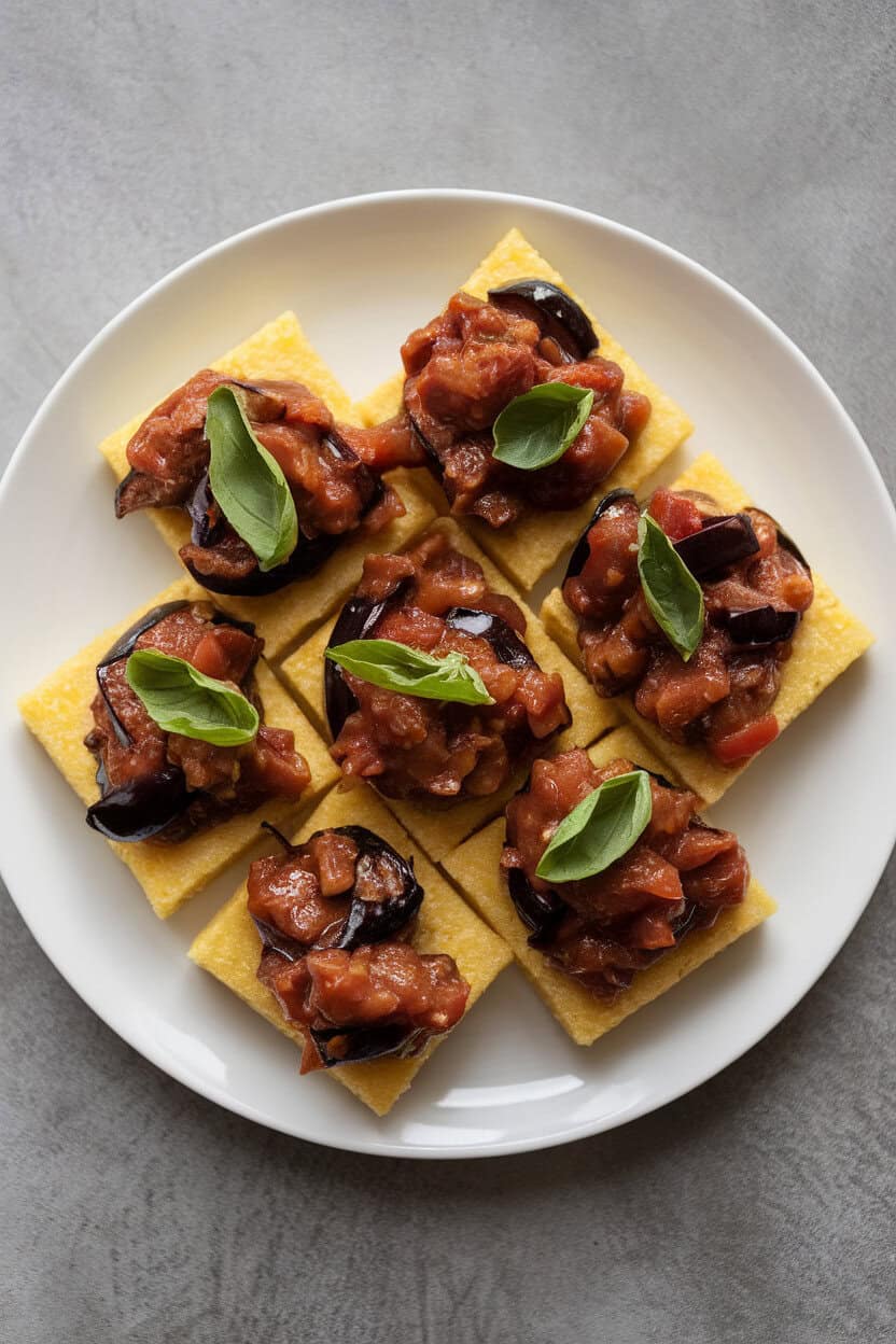 Photo of neat polenta squares indoors topped with glossy eggplant caponata, garnished with basil ribbons; overhead shot, no logos