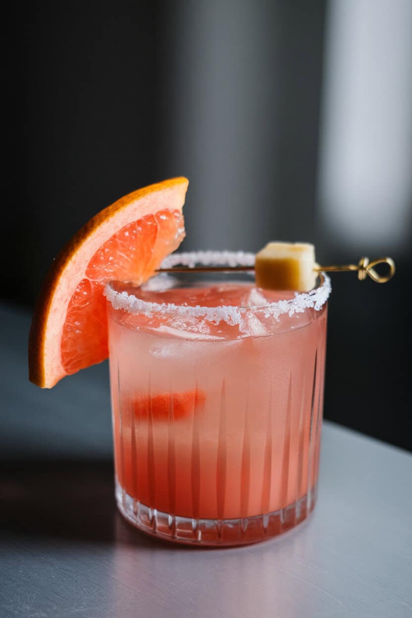Photo of a salt-rimmed tumbler indoors, pink grapefruit and cranberry tequila cocktail with thin grapefruit wedge and candied ginger cube on pick. No text or logos.
