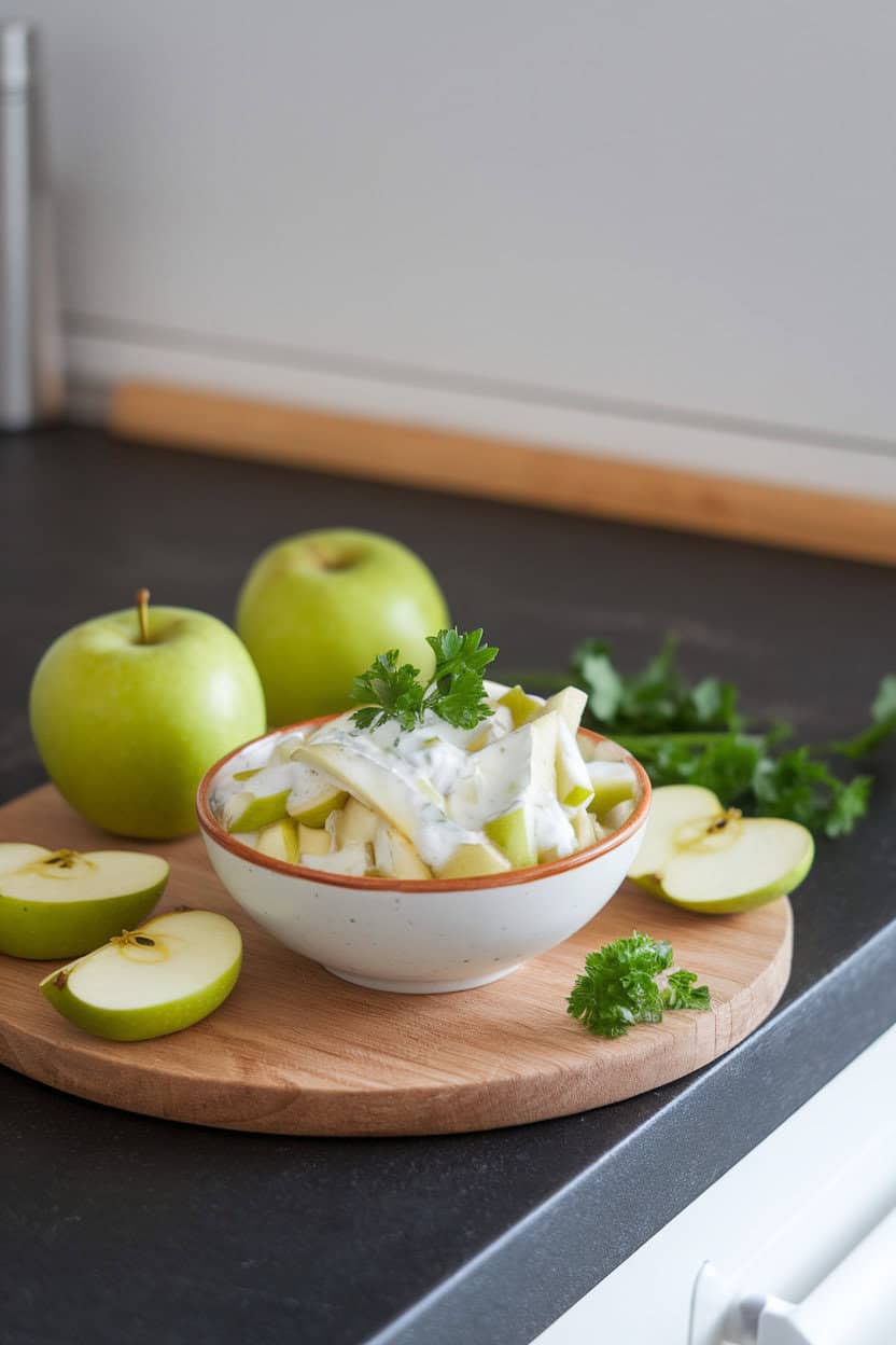 Indoor kitchen island featuring a small bowl of julienned celeriac and green apples coated in light yogurt dressing, parsley sprinkled on top. No logos or text. Photo.