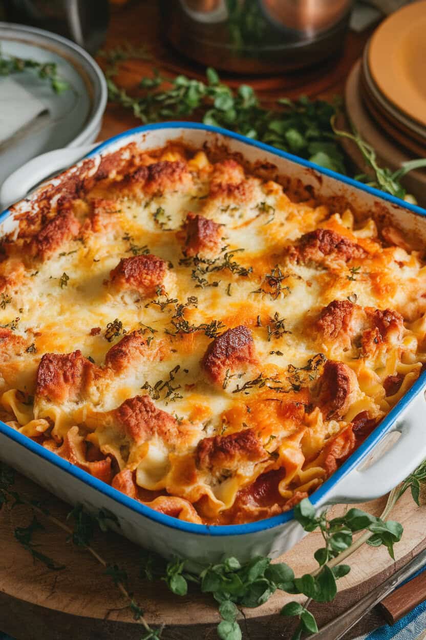Baking dish of bubbling turkey tetrazzini under a lightly browned cheese crust, noodles visible beneath, indoor kitchen lighting, no text or logos.
