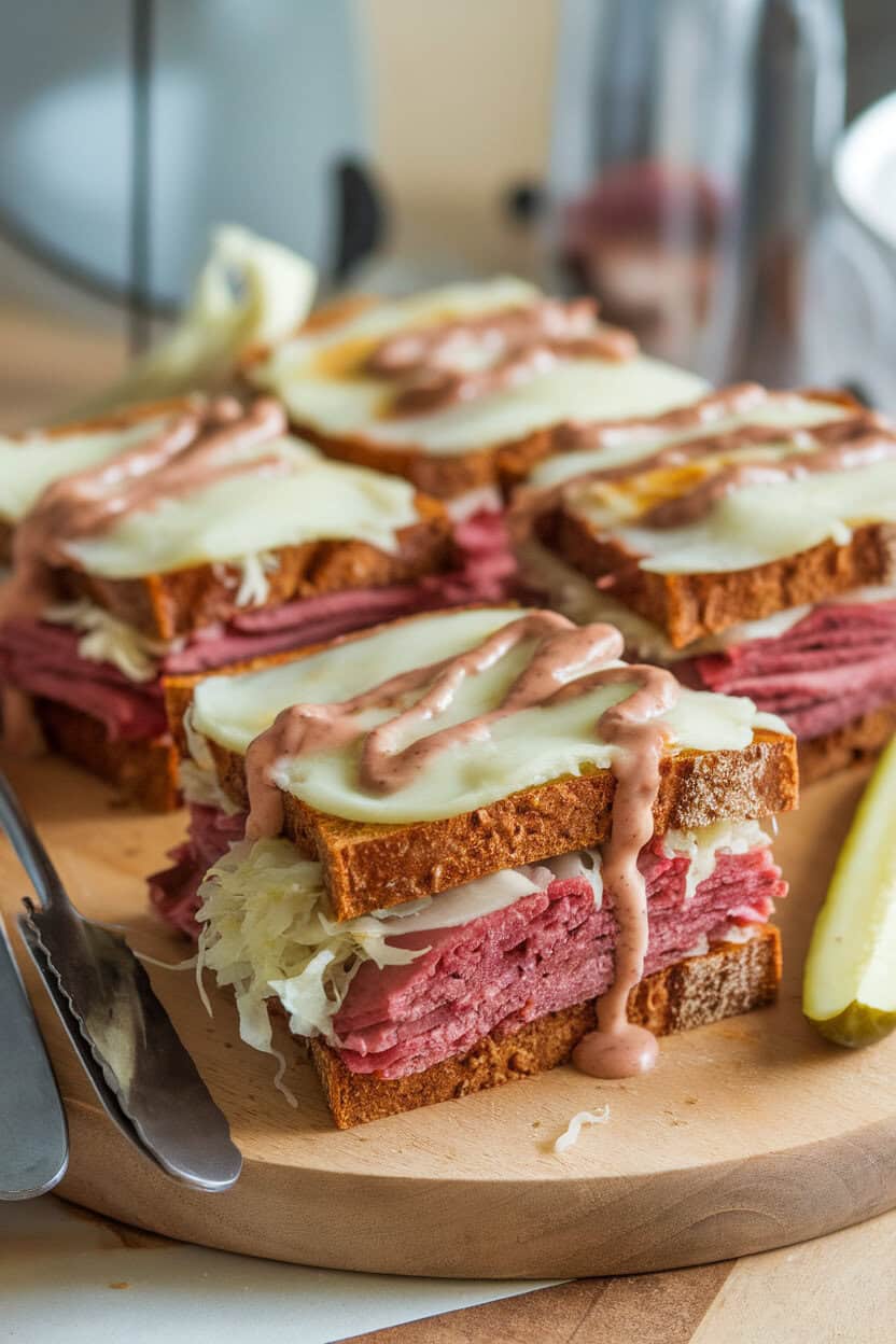 Photo of rye bread squares indoors layered with corned beef, sauerkraut, melted Swiss, and a drizzle of Russian dressing; no logos