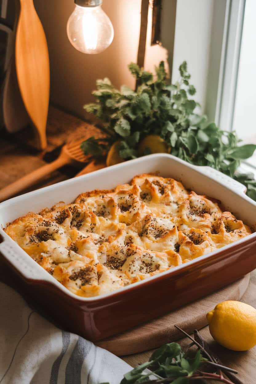 A cozy indoor scene with a ceramic baking dish of golden breakfast casserole dotted with everything-bagel seasoning, chunks of bagel visible through melted cheese—photo, no text or logos