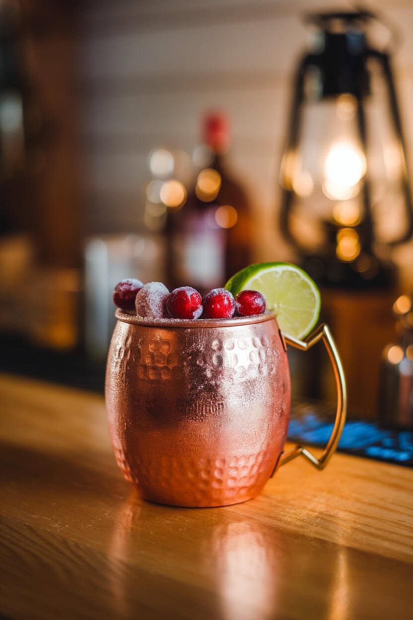Photo featuring a frosty copper mug filled with cranberry Moscow Mule, garnished with sugared cranberries and a lime wedge, set on an indoor bar. No text or logos in view.
