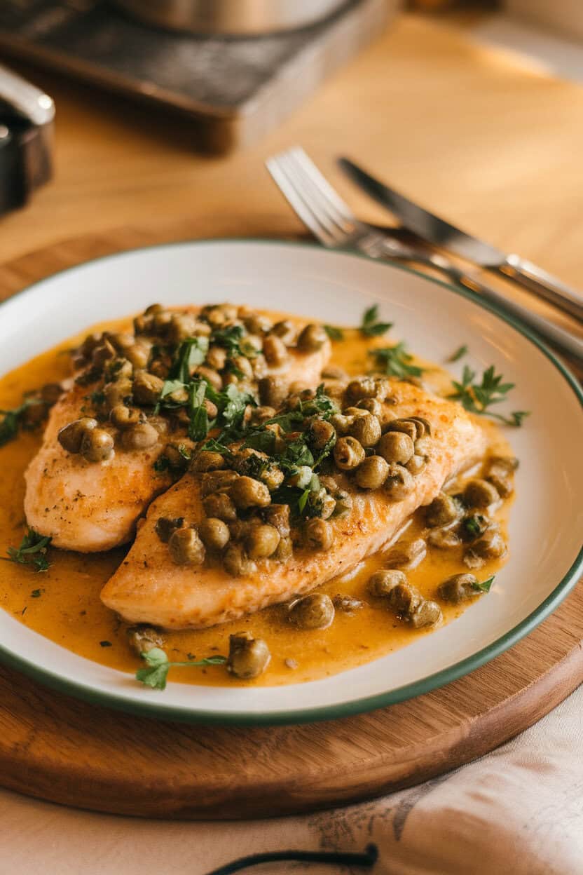 An indoor plate featuring sautéed chicken cutlets in a lemon-caper sauce, garnished with parsley, under warm light. No visible text or branding.