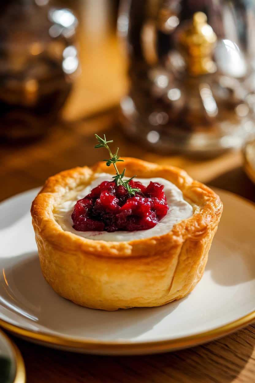 A warmly lit indoor table featuring golden puff-pastry cups filled with melted Brie and jewel-toned cranberry sauce, garnished with a tiny sprig of thyme. Photo only, no text or logos in view.