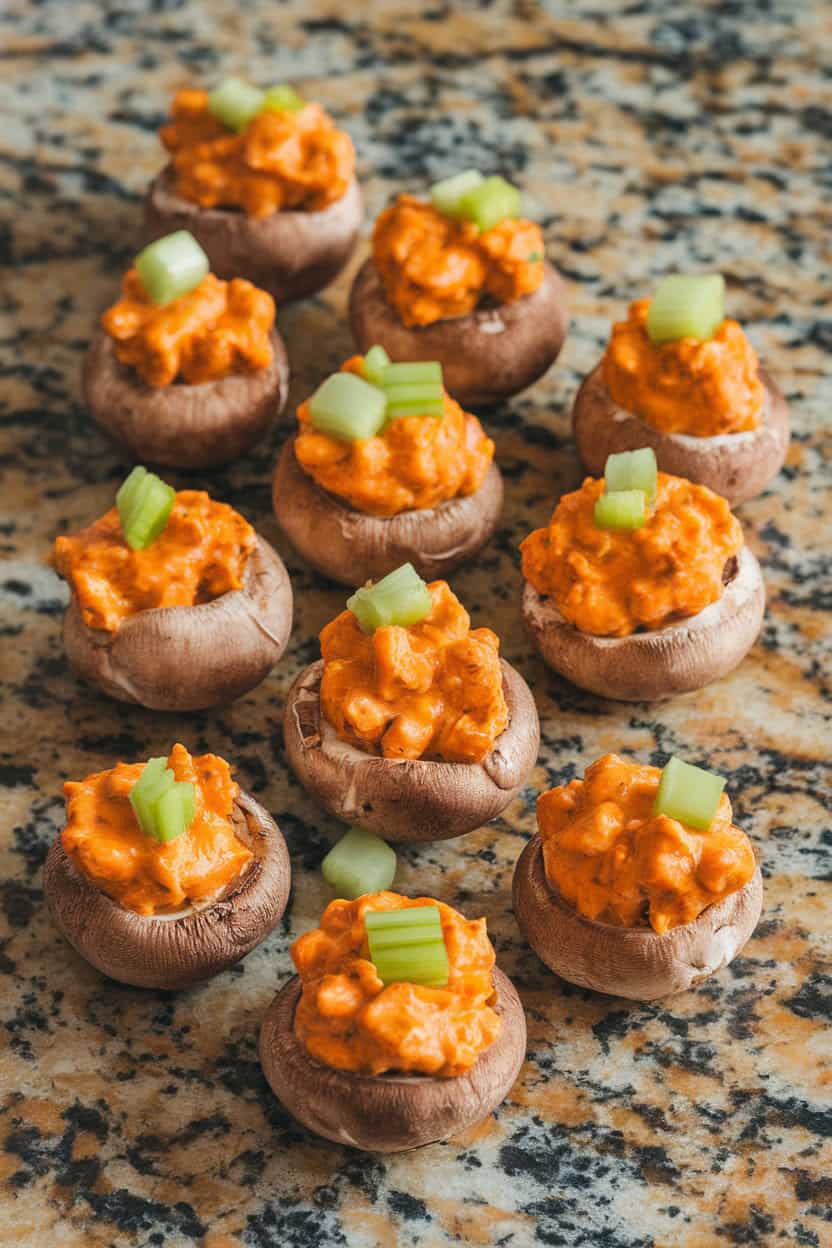 Photo of an indoor granite countertop with mushrooms stuffed with bright orange Buffalo chicken mixture, garnished with diced celery. No text or logos.
