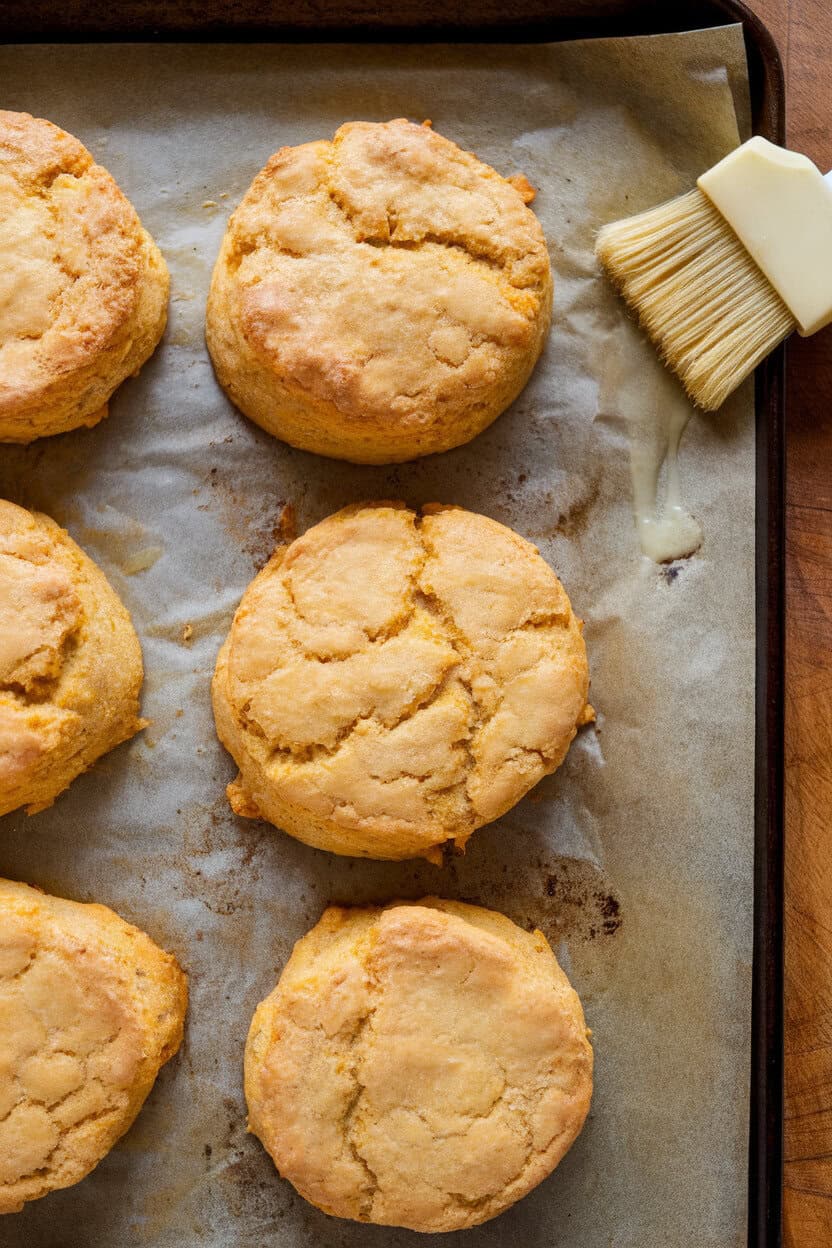Indoor photo of round butternut squash scones on a baking sheet, golden tops brushed with butter; no text or logos.