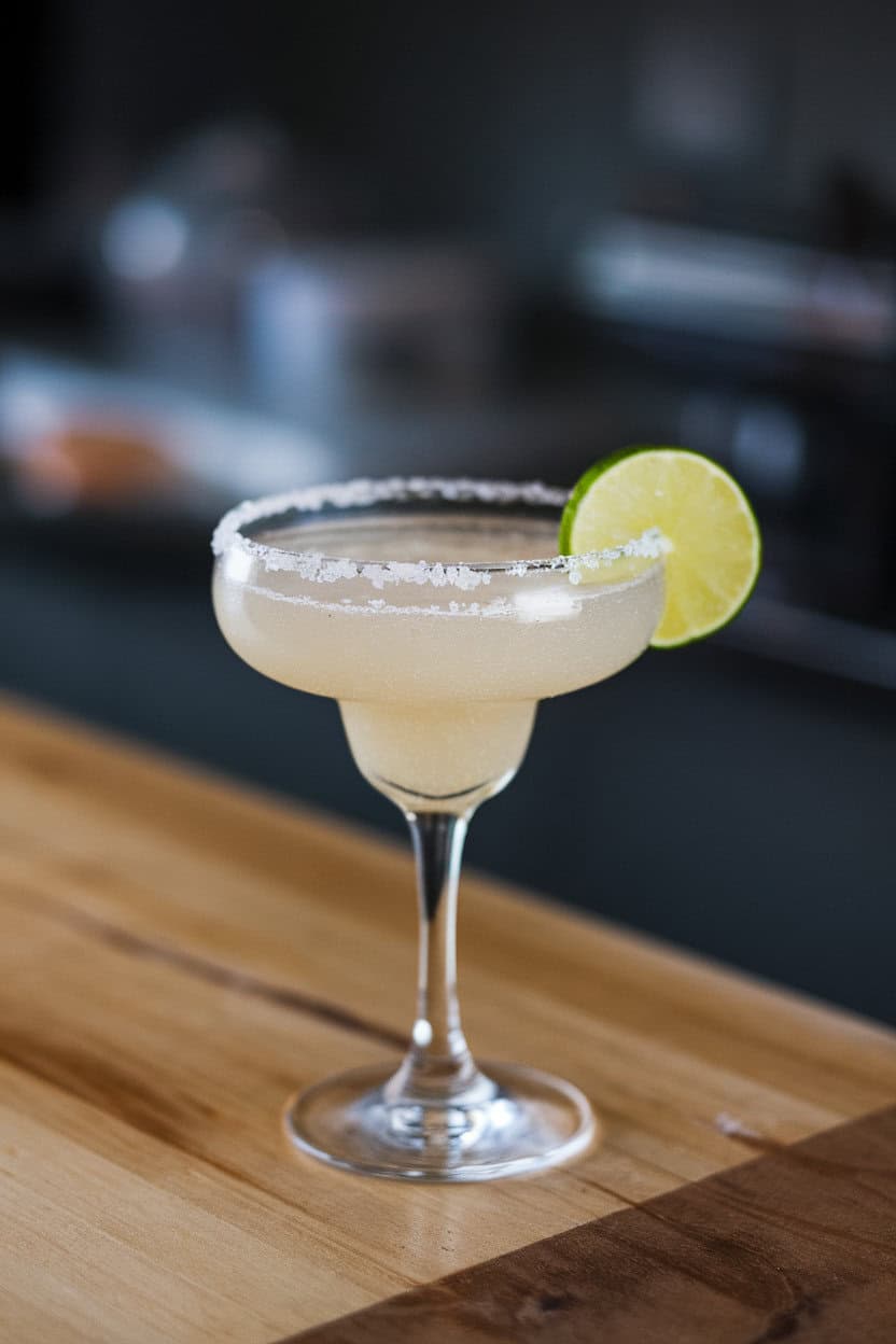 Coupe glass rimmed with flaky salt, filled with a pale sparkling Margarita and a thin lime wheel floating on top, captured indoors with soft lighting. No text or logos.
