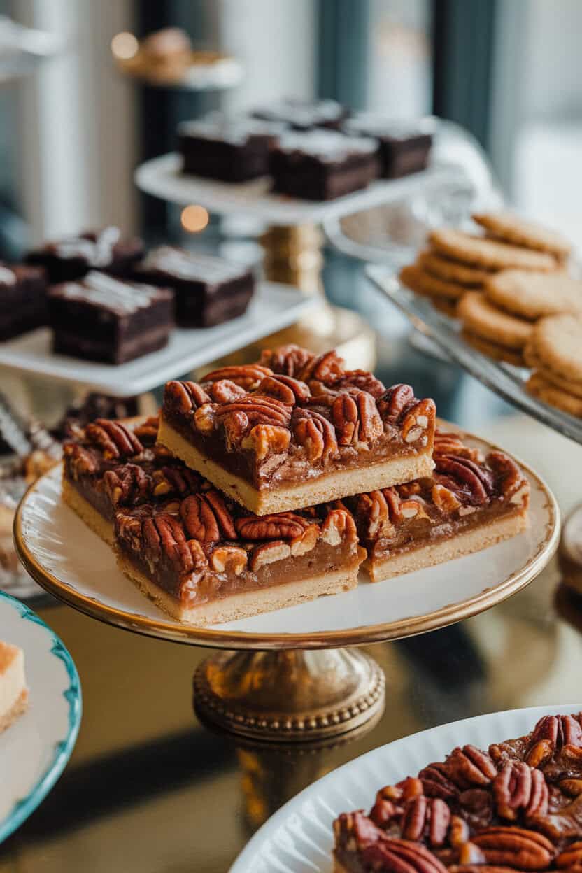 A plate of pecan pie bars showing gooey nut topping over a shortbread base, indoor dessert table setting, no logos.