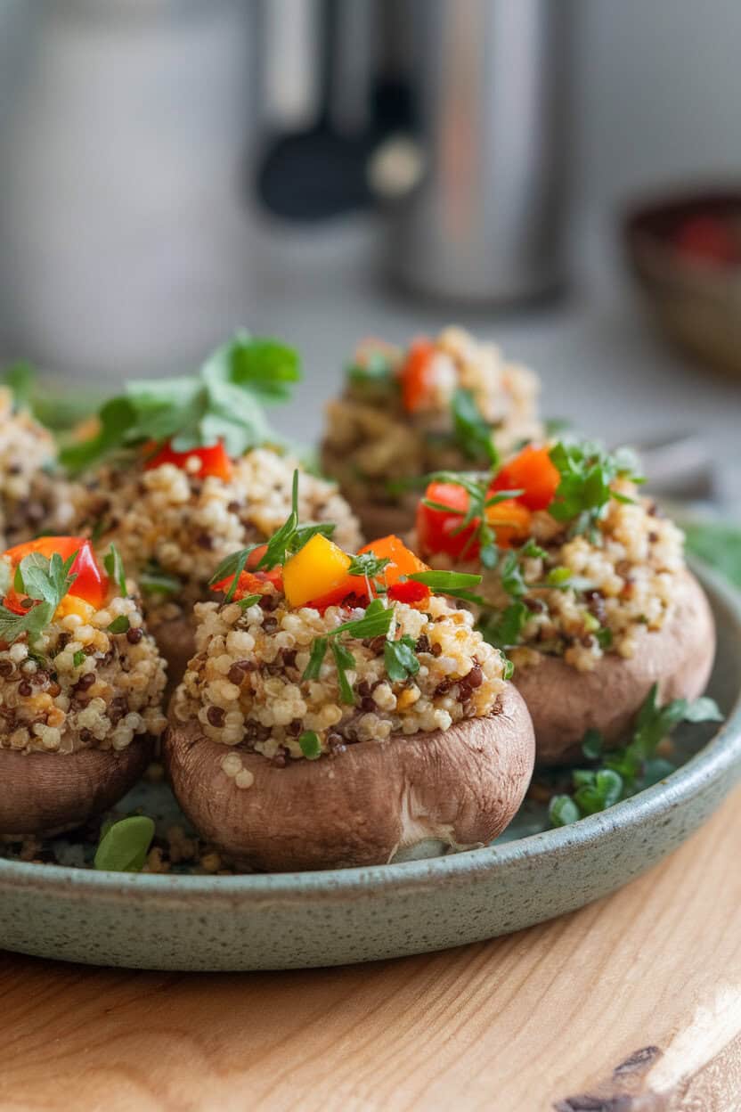 Photo of an indoor stoneware plate showing quinoa-stuffed mushrooms dotted with diced bell peppers and fresh herbs. No text or logos visible.