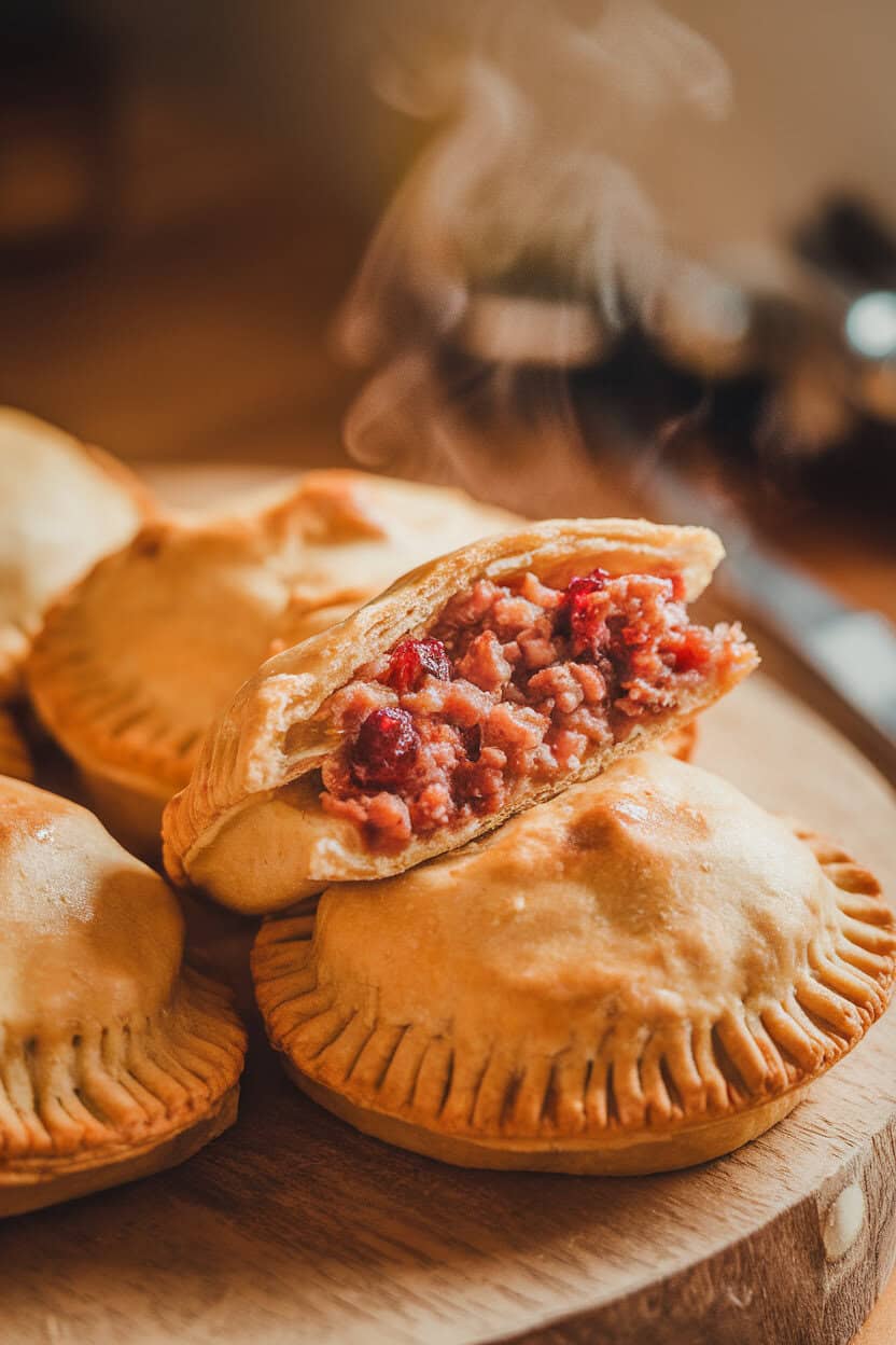 Indoor photo of golden hand pies split open to reveal sausage and cranberry filling, steam rising. No text or logos.