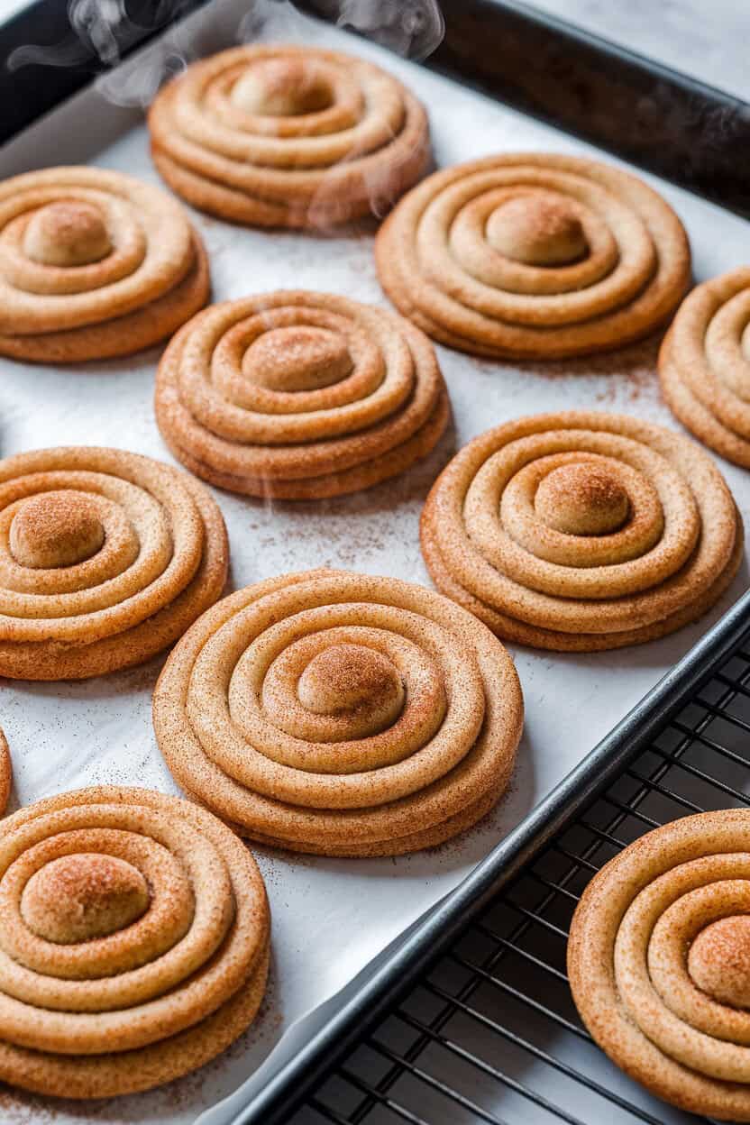 An indoor cookie sheet of freshly baked snickerdoodles, crinkled tops sparkling with cinnamon-sugar, steam still visible. No text or logos. Photo, not illustration.