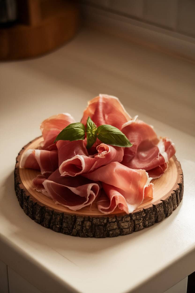 A softly lit indoor kitchen counter with a small wooden board holding delicate folds of Prosciutto di Parma, glistening slightly, garnished with a sprig of fresh basil. No text or logos anywhere in the scene; photo, not illustration.