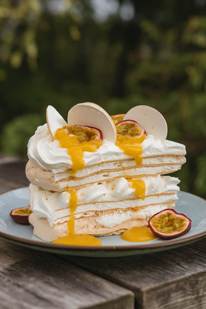 Indoor dessert plate with a slice of layered pavlova cake—crisp meringue discs, whipped cream, and bright passion-fruit pulp dripping down. Photo only, no text or logos.