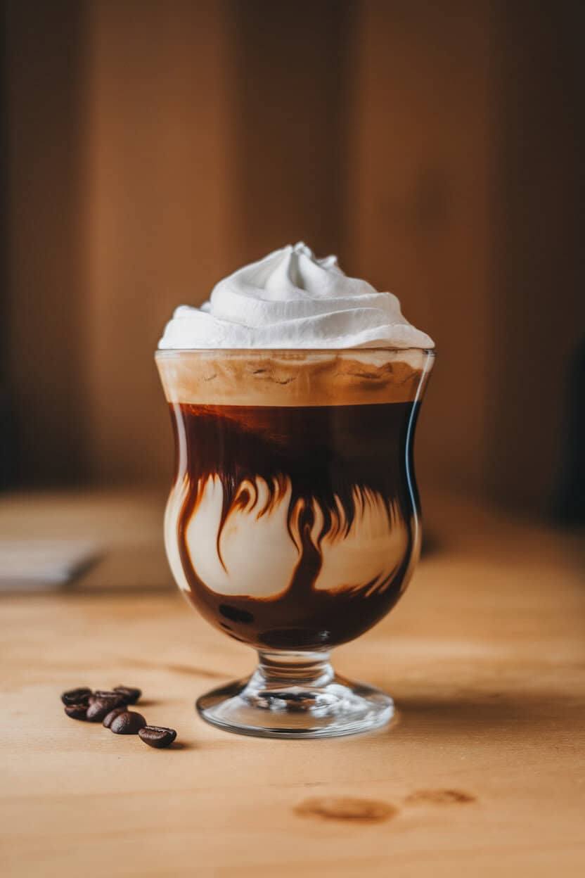 Photo of a footed glass indoors, showing layers of dark coffee and thick whipped cream on top, a few coffee beans scattered nearby. No text or logos.