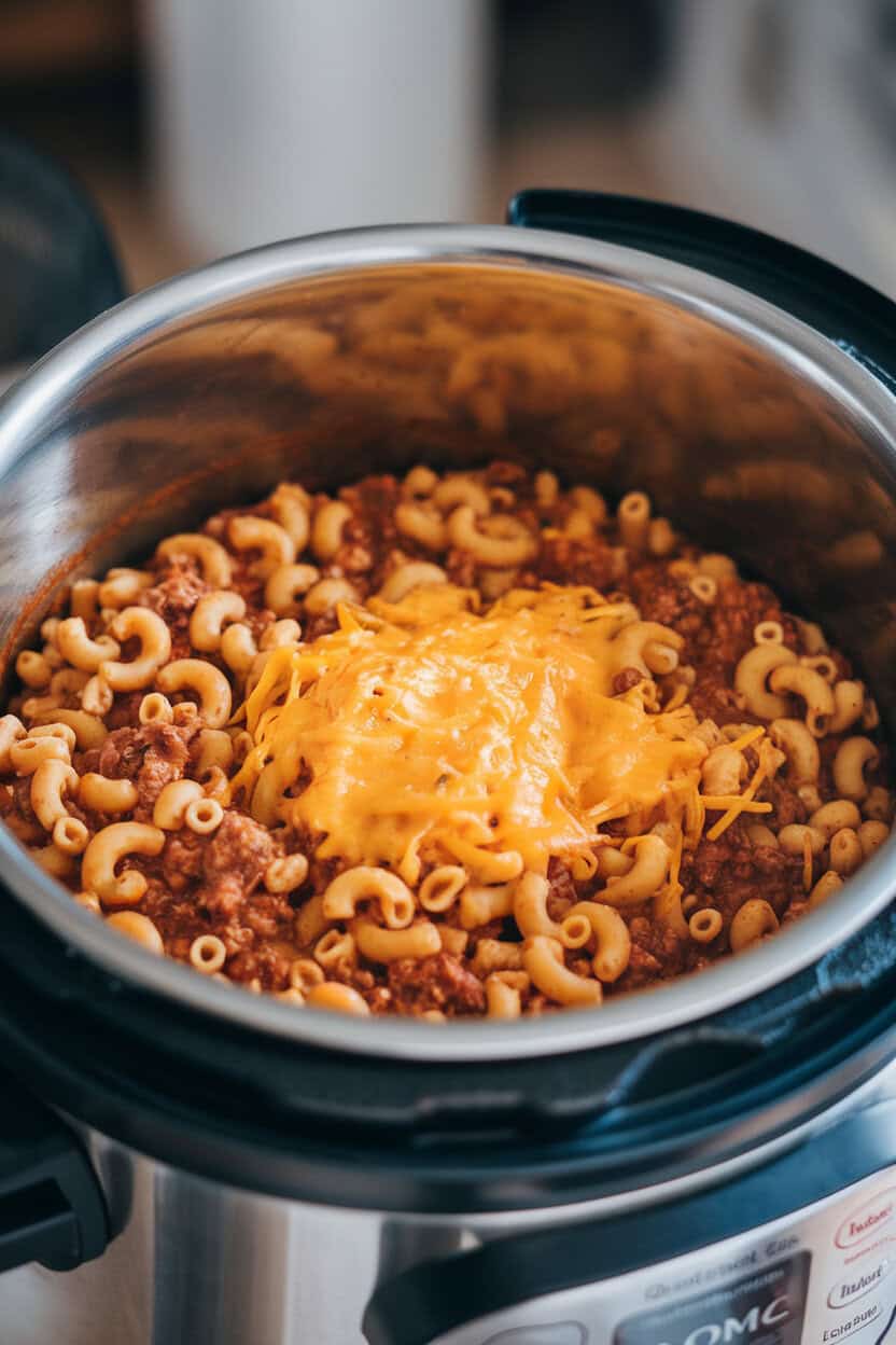 Indoor photo of a pressure-cooker pot of chili mac, elbows coated in meaty sauce, cheese melted on top; no text or logos