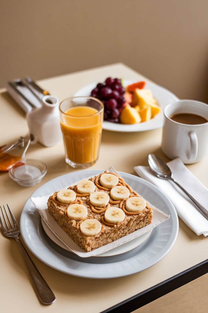 Indoor breakfast table featuring a square of baked oatmeal studded with banana slices and peanut butter swirls, served warm in a small dish. Photo only, no text or logos.