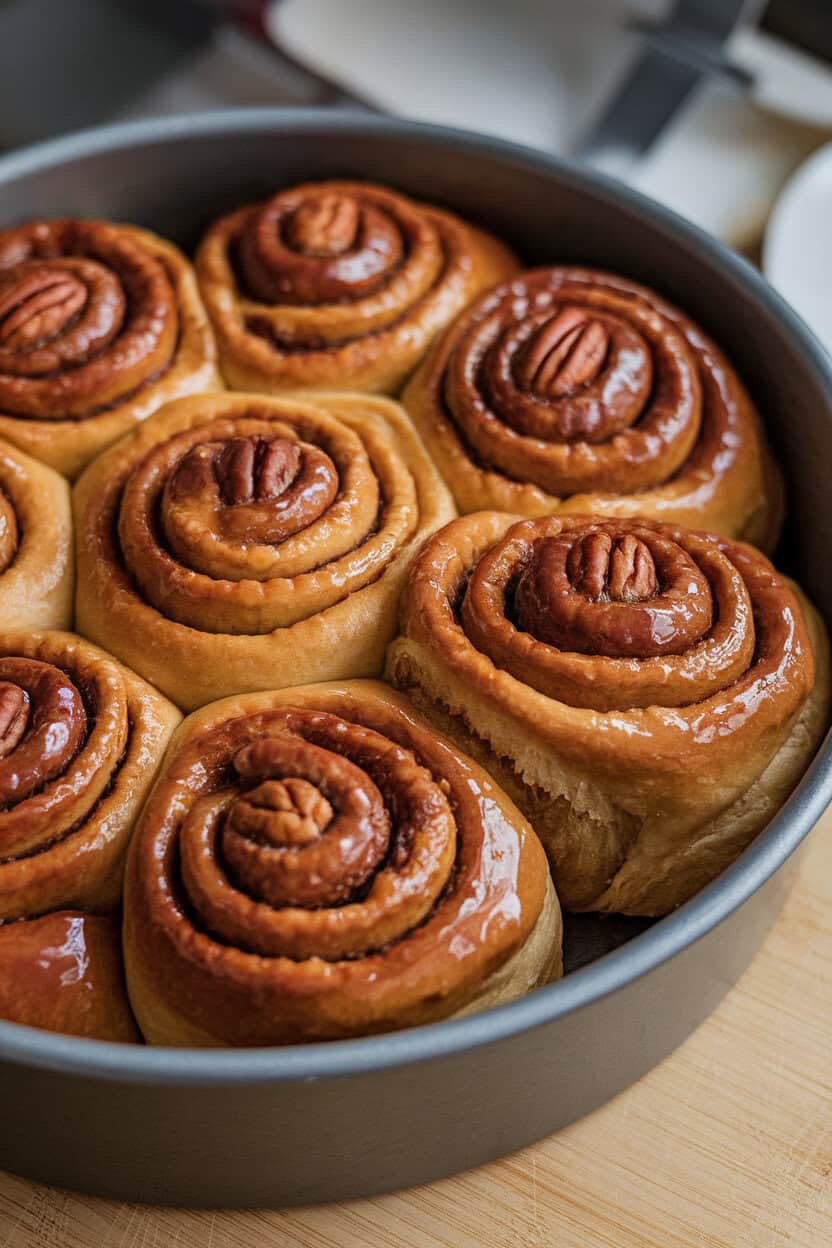 A close-up indoor shot of a round baking pan filled with glossy maple pecan sticky buns, one roll pulled out slightly to reveal swirls. No text or logos. Photo, not illustration.