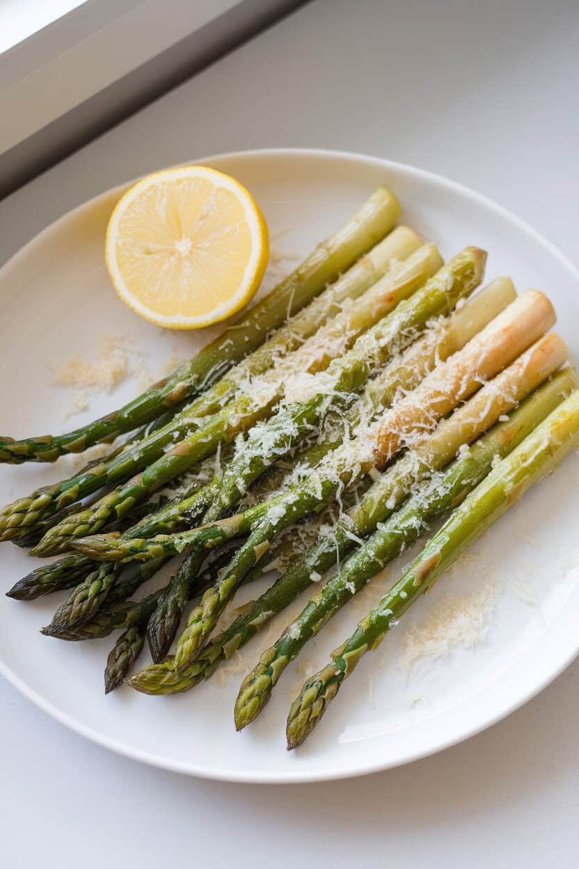 An indoor plate of roasted asparagus spears sprinkled with grated Parmesan, lemon wedge off to one side. No text or logos. Photo, not illustration.