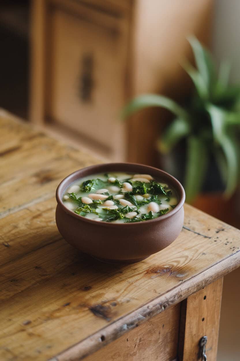 A matte ceramic bowl of white bean and kale soup placed on an indoor wooden table, bright green kale ribbons floating in a light broth alongside creamy white beans. No text or logos. Photo, not illustration.