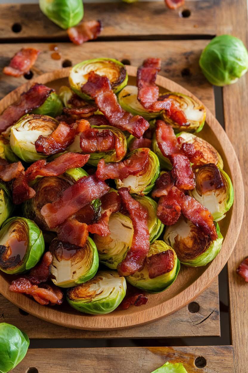 Indoor platter of roasted Brussels sprout halves speckled with crispy bacon and glazed with maple syrup. No text or logos.