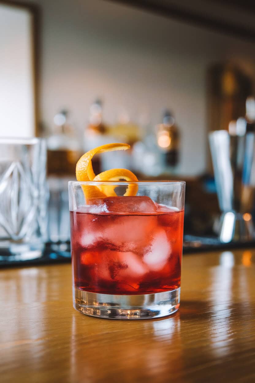 Rocks glass with large ice sphere and deep red Boulevardier, orange peel expressed over top. Indoor bar, no text or logos.