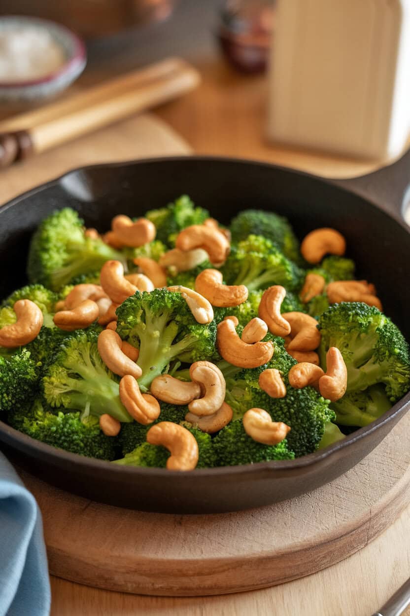 Photo inside a kitchen showing a skillet of bright green broccoli florets tossed with roasted cashews and a light soy-ginger sauce. No text or logos visible.