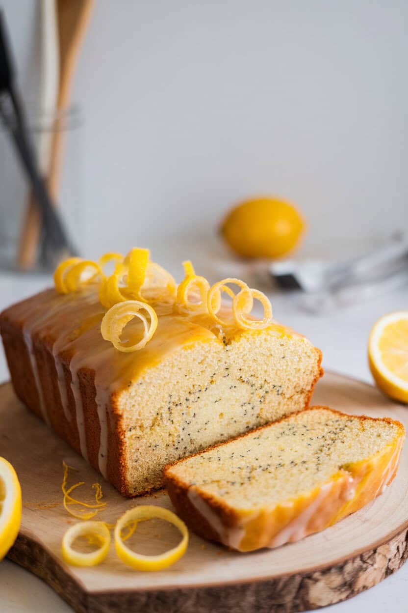 Bright indoor photo of a glazed lemon poppy seed loaf, zest curls scattered, slice showing speckled crumb. No logos or text in view.