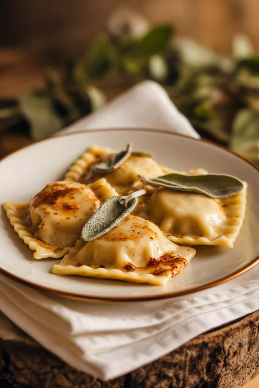 A plate of cheese ravioli coated in brown butter with crisp sage leaves, placed on an indoor cloth napkin. No logos; photo, not illustration.